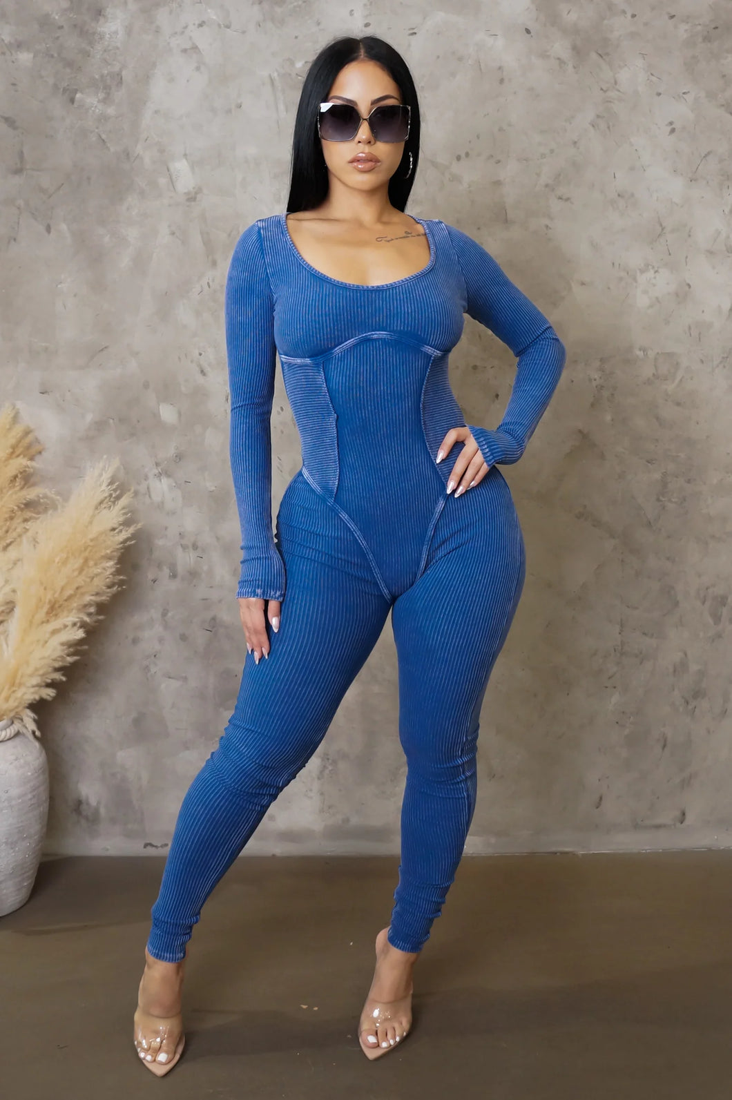 Caught The Blues Ribbed Jumpsuit